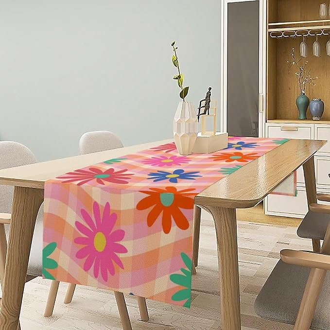 Retro Floral Checkered Table Runner Vintage Gardern Flowers Twisted Colorful Groovy Trendy Hippie Grid Farmhouse Country Dinner Runner for Home Kitchen Dining Table Party Holiday Decor 13"x108"