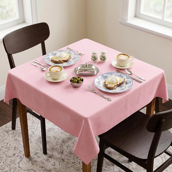 Solino Home Linen Square Tablecloth 52 x 52 Inch - 100% Pure Linen Pink Lemonade Table Throw - Fete, Machine Washable Table Cloth for Summer