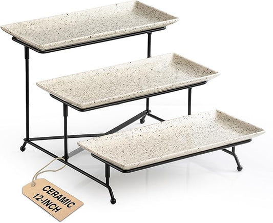 LAUCHUH 3 Tier Serving Tray, Porcelain Serving Platters and Trays for Party 12 Inch Tiered Tray Stand Cupcake Stand with Collapsible Sturdier Rack for Mother's Day Serving Food, Speckled Glaze
