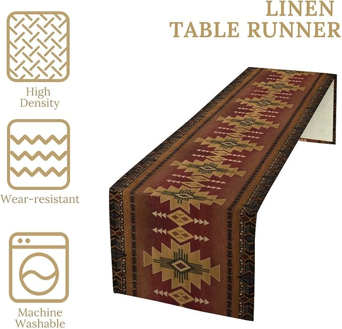 Aztec Vintage Table Runner Southwest Ethnic Style Bohemia Design Retro Geometry Triditional Garden Farmhouse Dining Table Decoration for Living Room Kitchen 13x120in