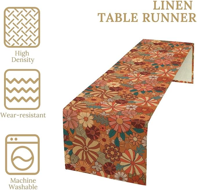 Vintage Floral Table Runner Boho 70s Style Retro Flower Hippie Groovy Pattern Dinner Runner for Home Kitchen Dining Table Party Holiday Decor 13"x120"