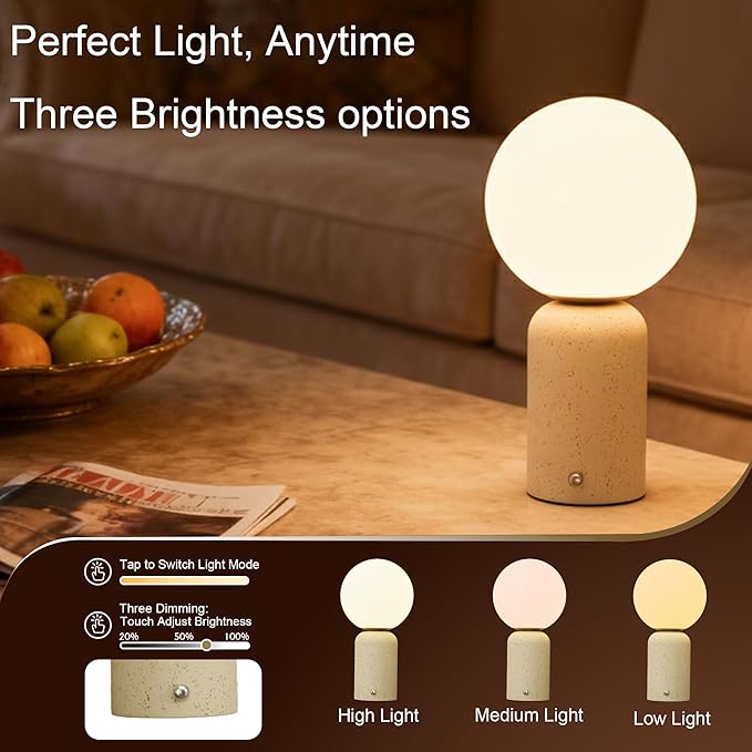 10.6 inch Mushroom Lamp, Cute Cordless Rechargeable Table Lamp with Glass Shade, 3 Color Temps LED Dimmable Ambient Lighting, Small Retro Touch Bedside Light for Decor, Resin Base.