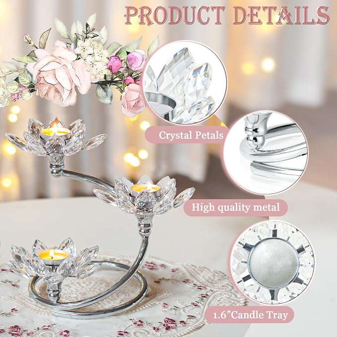 Crystal 3-Arm Flower Shaped Candle Holder, Metal Votive Tea Light Candle Holders for Table Centerpiece, Home Wedding Party Anniversary Decor (Silver, 6 Pcs-3 Arm)