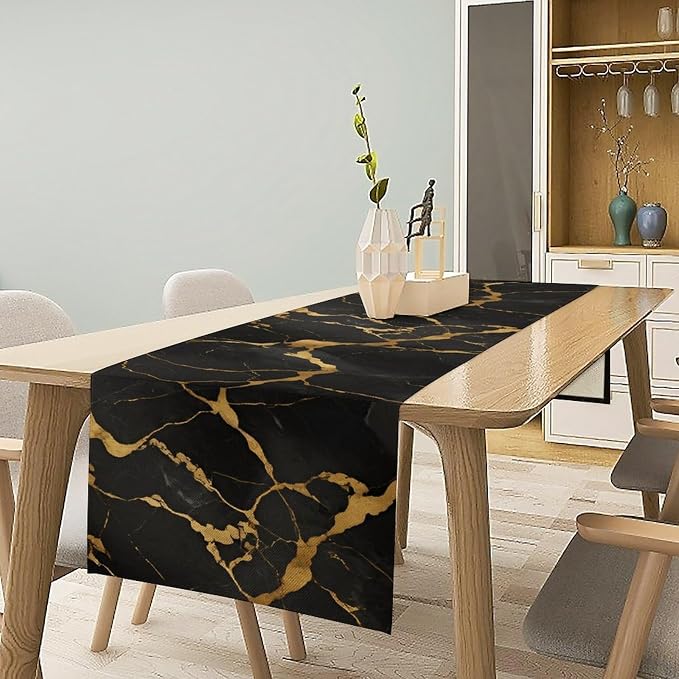 Marble Table Runner, Luxury Black Gold Abstract Textured Marble Table Decoration Runner for Kitchen Dining Cafe Party Wedding, 13x90 Inch