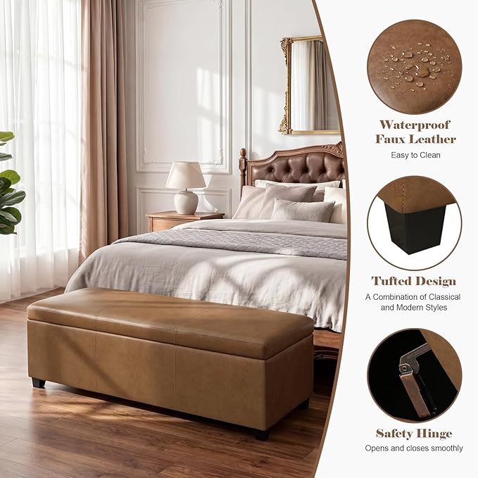 Homebeez 46" Faux Leather Storage Ottoman,End of Bed Bench,Upholstered Ottoman Bench with Storage for Living Room,Bedroom,Entryway