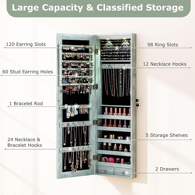 Moccha Wall Door Jewelry Armoire, 47.5" H Full Length Mirrored Jewelry Cabinet with 2 LED Lights and 2 Drawers, Lockable Jewelry Cabinet, Jewelry Organizer Storage for Bedroom (Weathered Blue)