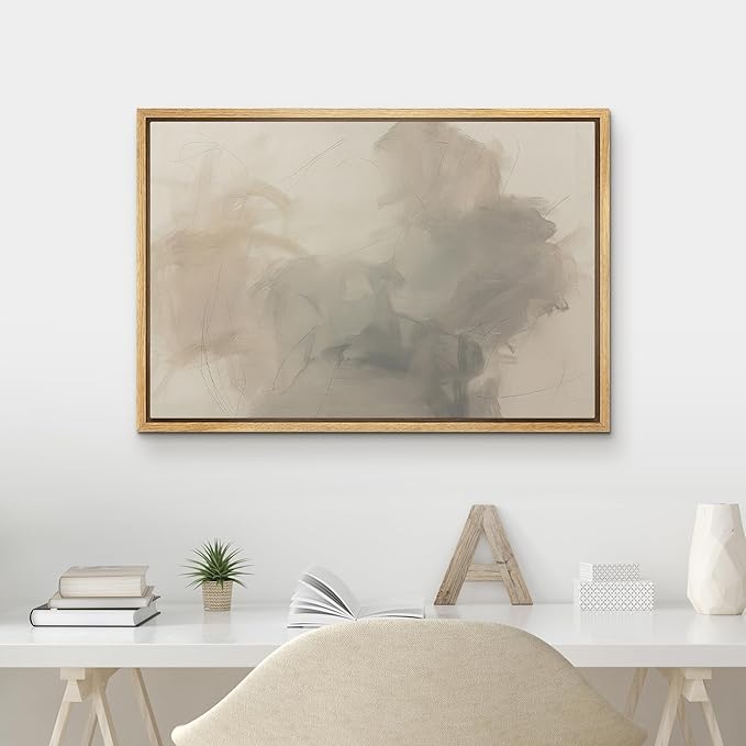 MUDECOR Framed Canvas Print Wall Art Calm Beige Modern Abstract Cloud Form Illustrations Minimalism Decorative Bohemian Zen for Living Room, Bedroom, Office - 16"x24" NATURAL