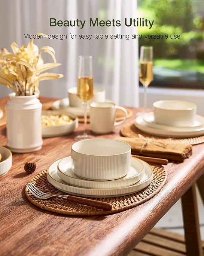 Famiware Star 18-Piece Stoneware Plates and Bowls Sets, Service for 6, Ceramic Dinnerware with Trim, Modern Rustic Dishes for Everyday/Formal, Chip/Scratch Resistant, Microwave/Dishwasher Safe, White
