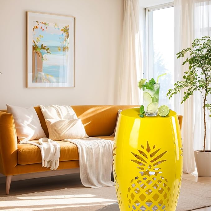 Vipush Outdoor Lace Cut Iron Side Table,Patio Garden Stool Coffee End Table Nightstand for Small Spaces,Living Room,Front Porch,Poolside (Yellow)