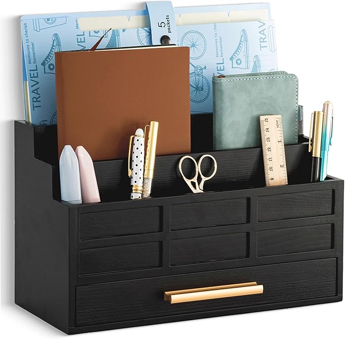 dreampossible Black Wood Desk Organizer and Accessories with Drawer, Bill Mail Organizer and File Mail Holder for Office Supplies, Rustic Desk Accessories & Workspace Organizers for Desk Organization