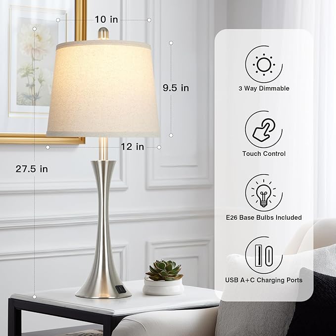 Rinweey 27.5" Silver Table Lamps, Touch Bedside Lamps with USB C+A Ports, 3 Way Dimmable Nightstand Lamps for Bedroom, Living Room, Office, Silver Lamp with Beige Lampshade, Bulbs Included (1 Pack)