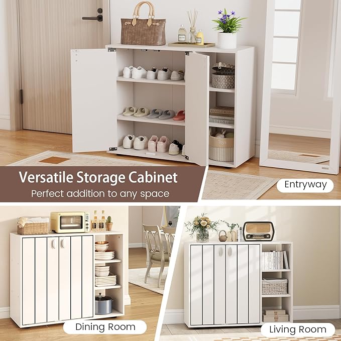 Giantex Wood Shoe Cabinet with Doors, Freestanding Shoe Rack Cabinet with 3-Level Adjustable Open Shelves, Modern Wooden Shoe Storage Cabinet for Entryway, Hallway, Closet, Living Room (White)