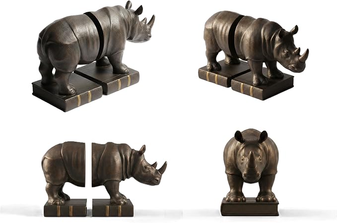 Comfy Hour 10.4 inches Height, Bronze Rhino Antique Vintage Figurine Style Bookends, Rustic Animal Statue Home Decor, Heavy Duty Book Stoppers Pair