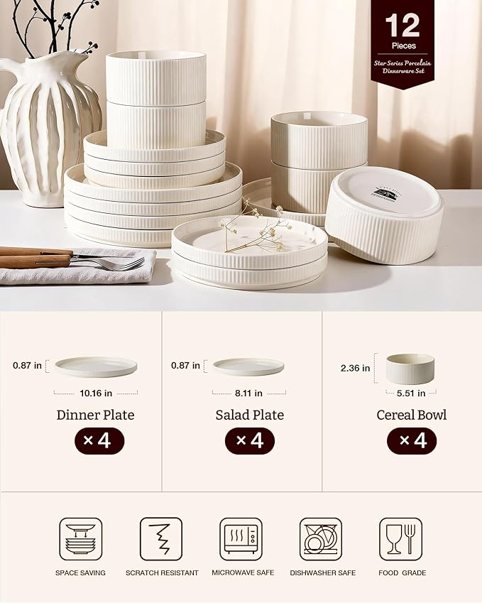 Star 12-Piece Plates and Bowls Set, Porcelain Dinnerware Sets for 4 Service, Modern Dish Set-Chip and Scratch Resistant, Dishwasher & Microwave Safe, Creamy White