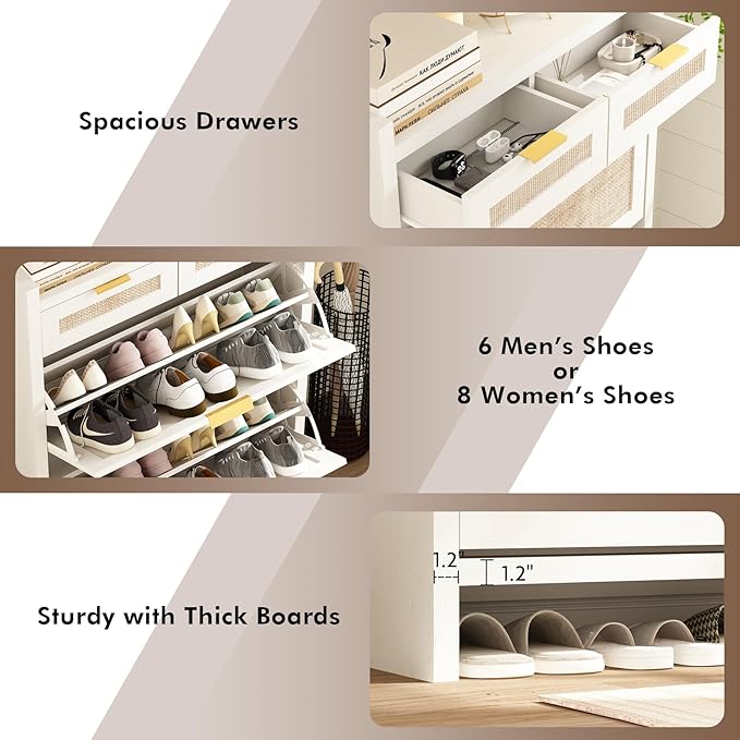 Shoe Organizer Cabinet Storage for Entryway - Slim Rattan Shoe Rack for Front Door Entrance, Narrow Hidden Shoe Cabinet with Flip Drawers, Boho Shoe Holder Cabinet，Two Doors, White
