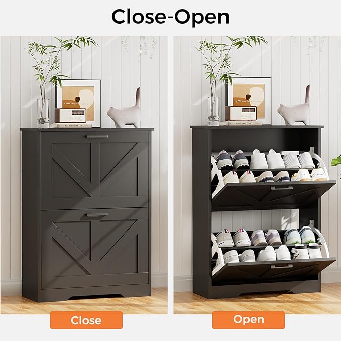 Homleke Farmhouse Shoe Cabinet for Entryway with Barn-Style Flip Drawers, Narrow Shoe Storage Organizer with Top Display Shelf, Adjustable Shelves, Shoe Rack for Hallway, Closet- (Black, 24")
