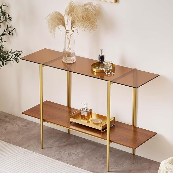 LumFurn Extra Large Glass Console Table for Living Room, Foyer & Entrance, L47 x W16 x H31, Mid-Century Modern Sofa Table with Amber Glass Top, Walnut Finish Wood Top and Gold Finish Metal Frame