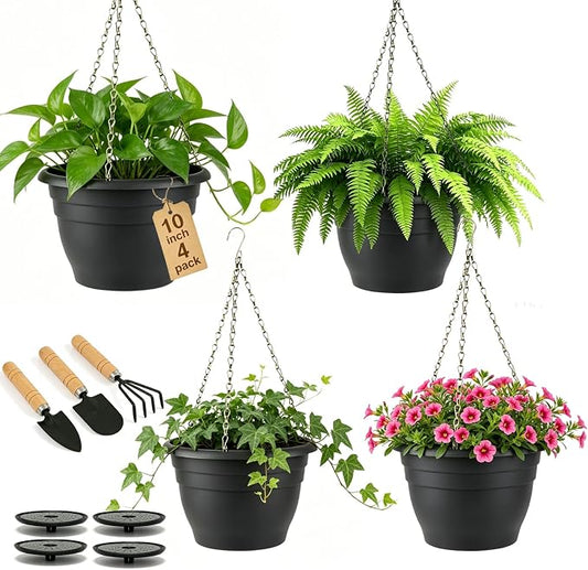 Drzewo Hanging Planters, 10 inch Hanging Plant Pot,4pcs self Watering pots for Indoor Plants with Hanger Chain & Drainage HoleHanging Planters for Indoor Outdoor Plants Patio Porch Decor