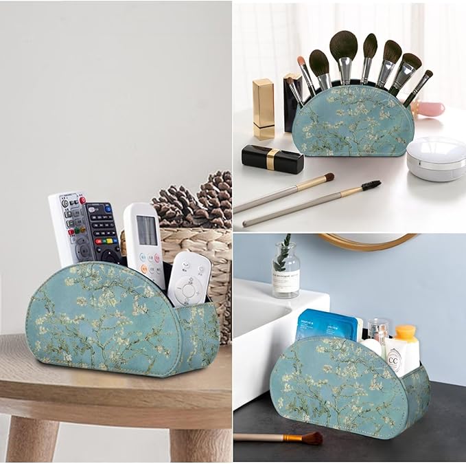 TV Remote Holder with 5 Compartments,Branches of an Almond tree in Blossom Print Office Desk Organizers,Nightstand Caddy,Storage for Eyeglasses/Cosmetic Brushs