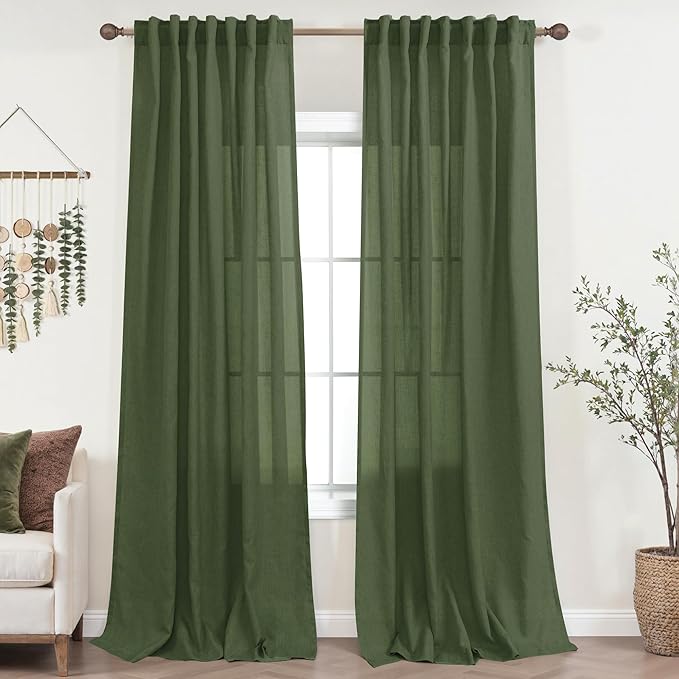 KOUFALL Olive Green Back Tab Rod Pocket Linen Sheer Curtains 52 by 96 for Bedroom