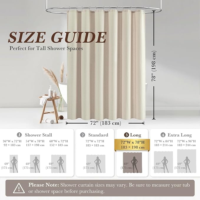 Seasonwood Linen Shower Curtain Neutral Vintage Farmhouse Linen Shower Curtains for Bathroom Boho Bathroom Decor with 12 Sturdy Stainless Steel Sliding Hangers(Beige,72x78 Inches)