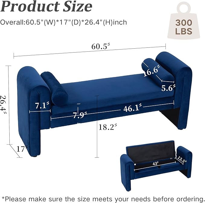 60.5" End of Bed Bench Storage Bench for Bedroom,Soft Velvet Upholstered Ottoman Bench with Rolled Arms, Eentryway Bench with Storage for Living Room,Hallway, Dressing Room (Dark Blue)