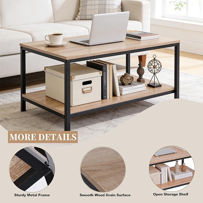 SUPER DEAL 2-Tier Industrial Coffee Table with Storage Shelf for Small Apartment Living Room, Rectangle Wood and Stable Metal TV Stand Side End Table, Natural Oak