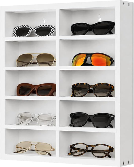 TJ.MOREE White Wood Sunglasses Organizer, Wall Mounted 10 Pairs Sunglasses Display Case, 5-Tier Eyewear Storage Holder with Adjustbale Shelves for Countertop