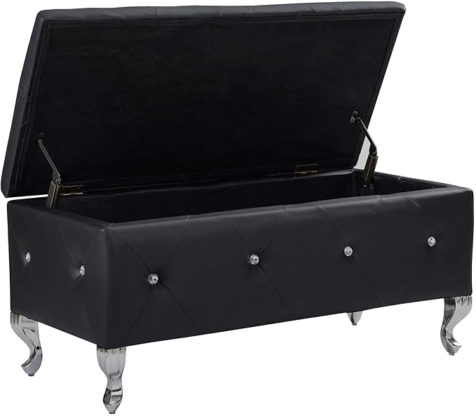 Modern Tufted Ottoman Bench with Crystal Buttons Decor, 38" PU Leather Upholstered Storage Bench End of Bed Storage Ottoman Footrest for Bedroom Living Room Entryway (Black)