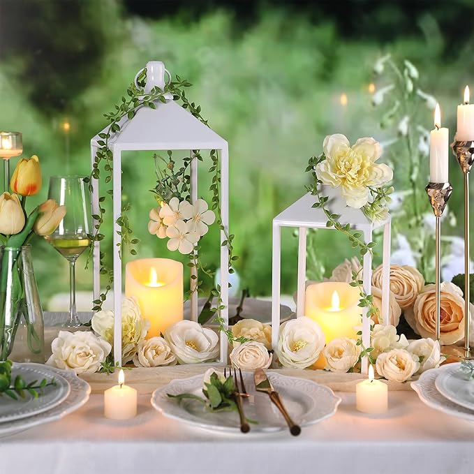 MATAHUM 2pcs Wedding Lanterns Decorative with LED Flameless Candle - White Vintage Farmhouse Metal Decorative Candle Lanterns for Wedding, Fireplace, Table Centerpiece, Indoor, Room, Valentine Decor