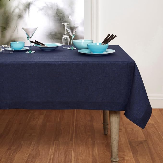 Solino Home Linen Tablecloth 60 x 120 Inch - 100% Pure Linen Chambray Navy Table Cloth for Rectangular Tables - Athena, Machine Washable Cloth Tablecloth for Summer, 4th of July