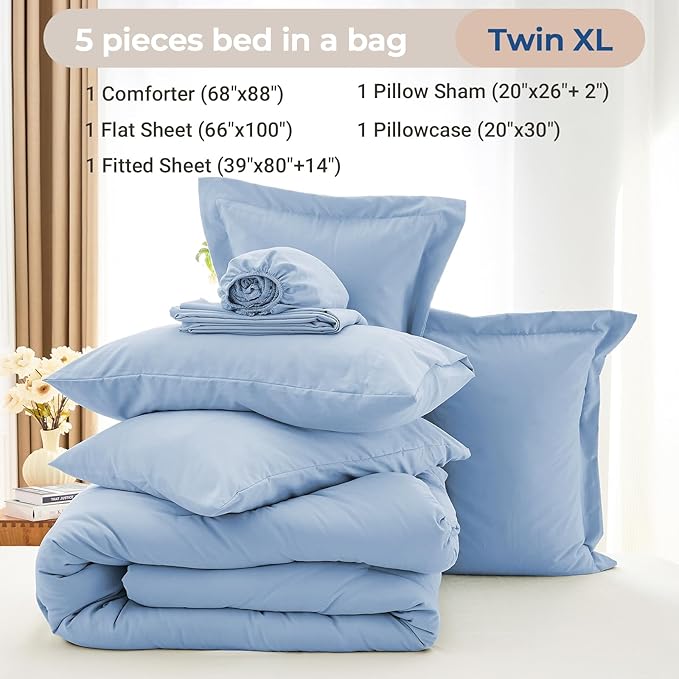 MUXHOMO 5 Pieces Twin XL Comforter Set, Soft Bed in a Bag Twin XL Size, All Season Bedding Set with Comforter, Flat Sheet, Fitted Sheet, Pillowcases & Shams, Greyish Blue