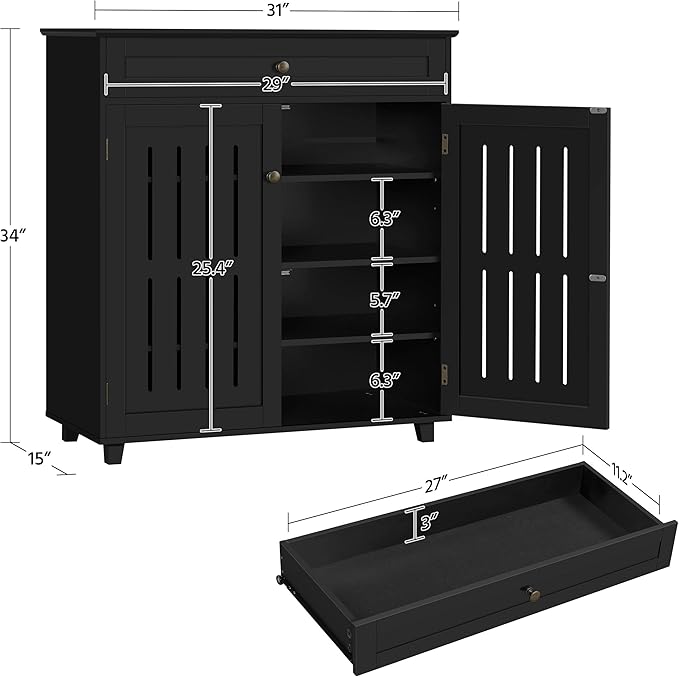 Topeakmart Shoe Cabinet with Doors, 4-Tier Entryway Shoe Storage Cabinet with Adjustable Shelves, Wooden Shoe Rack Organizer for Hallway, Closet, Black