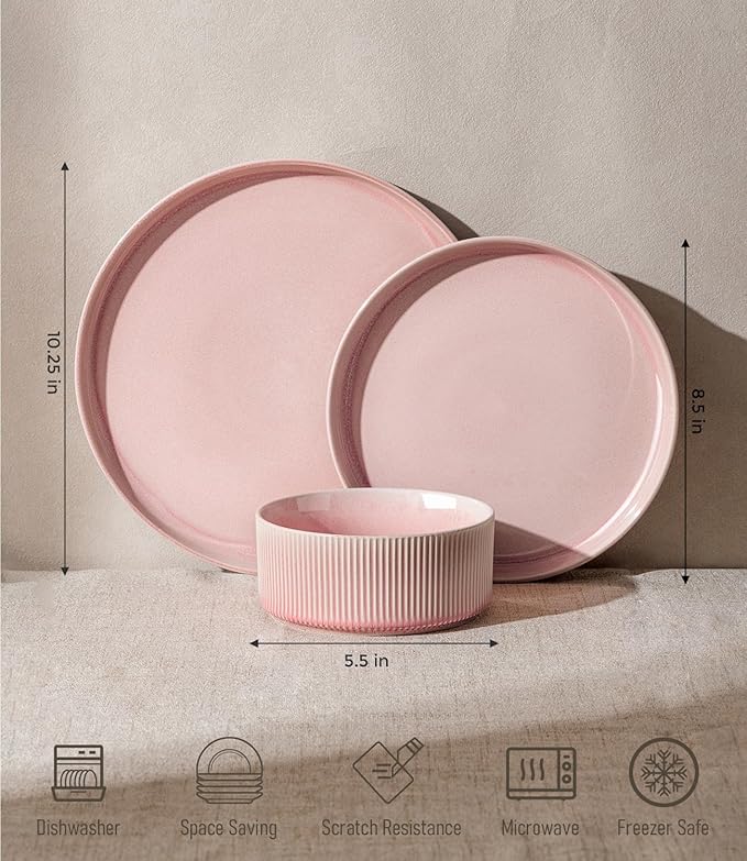 GBHOME 24-Piece Stoneware Dinnerware Set for 8 – Ribbed Ceramic Plates and Bowls, Scratch-Resistant, Microwave & Dishwasher Safe, Reactive Glaze, Blush Vei