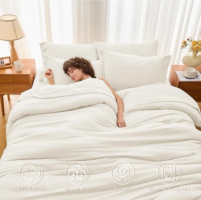 MUXHOMO 5 Pieces Twin Comforter Set, Soft Bed in a Bag Twin Size, All Season Bedding Set with Comforter, Flat Sheet, Fitted Sheet, Pillowcases & Shams, Ivory
