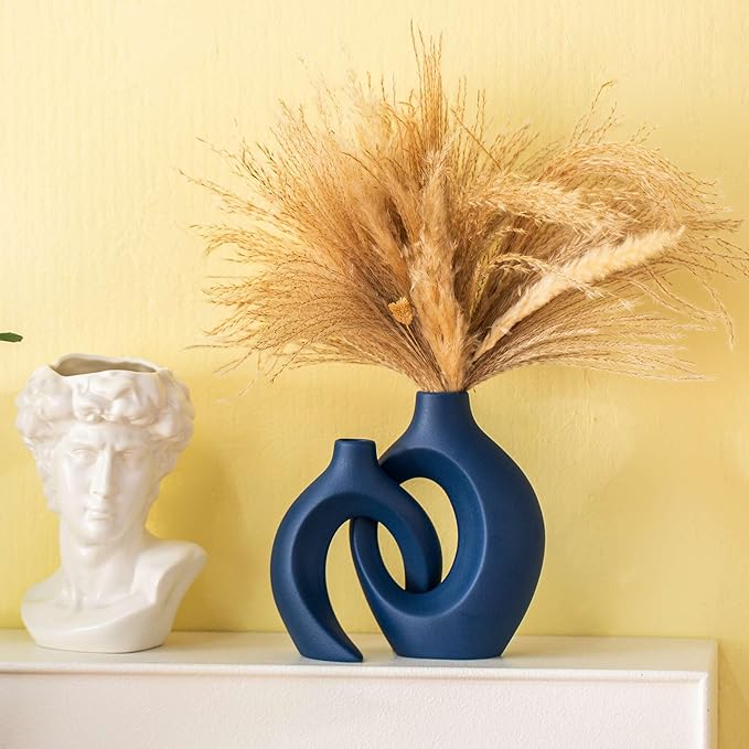 Lvases Snuggle Hollow Ceramic Vase Set of 2, Nordic Modern Boho ins Style Ceramic Aesthetic Flower Vases for Home Decor Living Room Coffee Table Decorative (Matte Navy Blue W 6.3" X H 8.4")