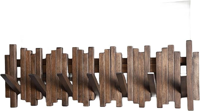 Natural Wood Wall Mounted Piano Coat Rack| Coat Rack Wall Mount| Flip Down Wall Hook Rack 7 Hooks| Entryway Wall Art Hook,Made of Acacia Wood (Wood Wax Oil Dyed Walnut Color).Wall Art