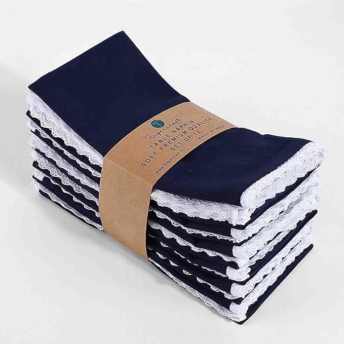 FINGERCRAFT Dinner Cloth Napkin Cotton Linen Blend 4 Pack Mitered Corners with Elegant Lace for Everyday Use Napkins are Pre Shrunk and Good Absorbency Navy Easter Color
