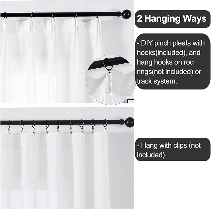 Pinch Pleat White Linen Curtains 108 Inches Long 2 Panels for Living Room Burlap Cotton Textured Semi Sheers Hooks for Ceiling Track Translucent Light Filtering Curtain Drapes 108 Inch Length