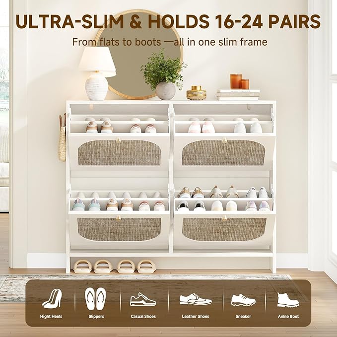Nicetree Shoe Storage Cabinet for Entryway, Rattan Vintage Flip Shoe Rack- 4 Flip Drawers & 3-Tier Adjustable Shelves,Boho Shoe Organizer for 28-36 Pairs - Fits Size 12 Boots, 9.5" Ultra Slim (White)
