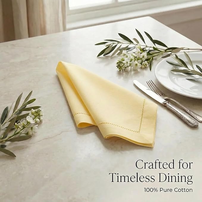 Urban Villa Cloth Napkins 100% Cotton Highly Absorbent Washable Reusable Premium Dinner Napkins Ideal for Gifts for Mothers Day Hotel Farmhouse Parties - Yellow - Hemstitch (20" x 20", Set of 12)