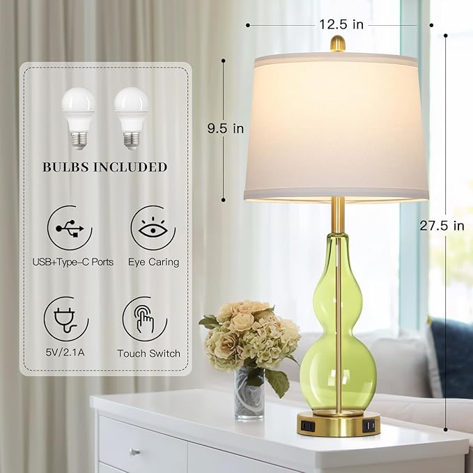 Rinweey 27.5" Green Glass Double Gourd Table Lamp Set of 2,3-Way Dimmable Touch Control Bedside Lamps with USB Ports and AC Outlet, Nautical Nightstand Lamps for Bedroom Living Room