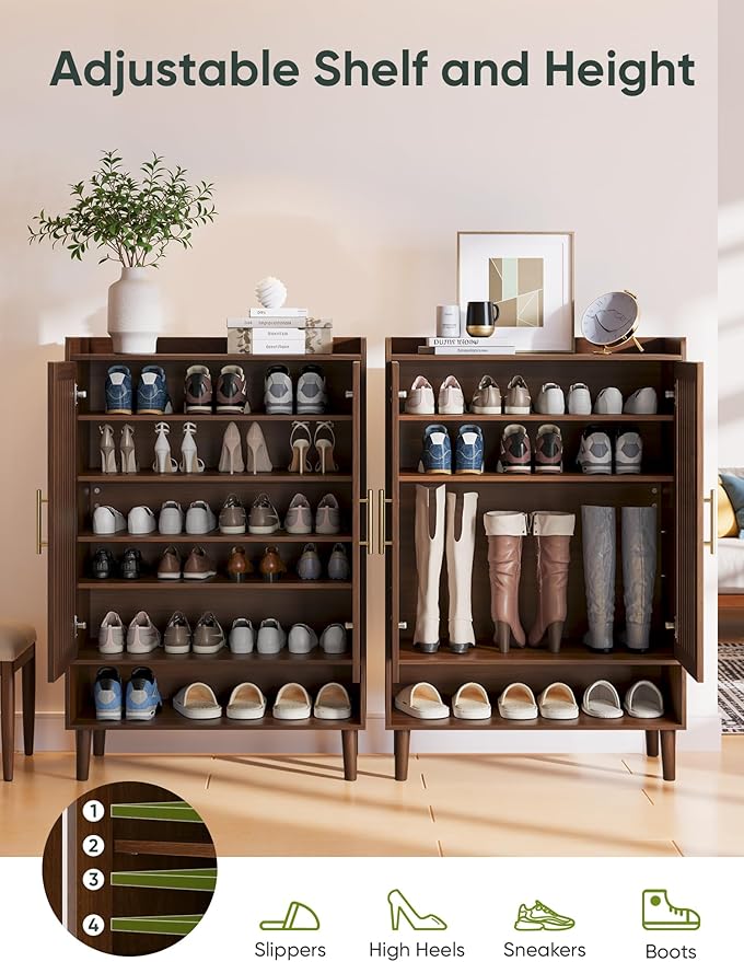 Smart FENDEE 6-Tier Large Shoe Storage Cabinet with 2 Doors, Freestanding Shoe Cabinet with Adjustable Shelves, Hidden Entryway Shoe Organizer for Hallway, Foyer, Walnut