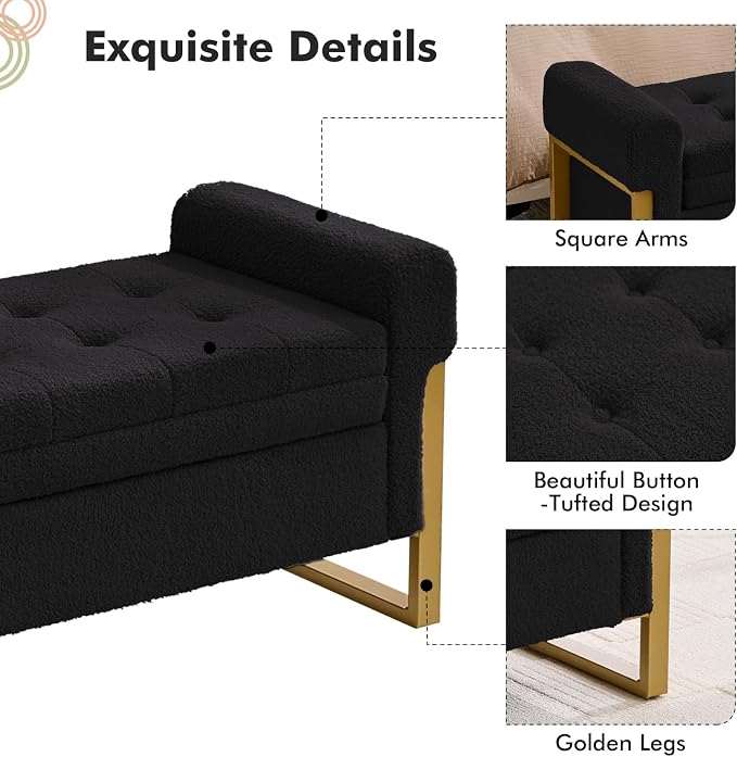 67" End of Bed Storage Bench King Size, Bench for Bedroom Foot of Bed, Upholstered Teddy Storage Ottoman with Gold Legs for Window Living Room, Teddy Black