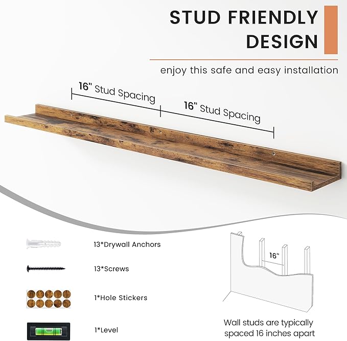 FLYJOE Floating Picture Ledge Shelves for Wall Set of 4, 48 Inch Wall Shelves with Lip Long Large Nursery Book Shelf for Toys Storage Kids Bookshelf Wall Mounted Living Room Bedroom Decor Frames