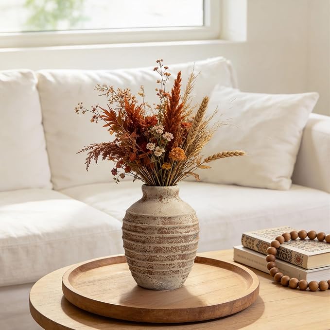 DOWAN Terracotta Ceramic Vase 6.6 Inch, Small Rustic Decorative Pottery Vase for Home Decor, Farmhouse Centerpiece Vase for Living Room Table Mantel Fireplace, Antique Earth Tone