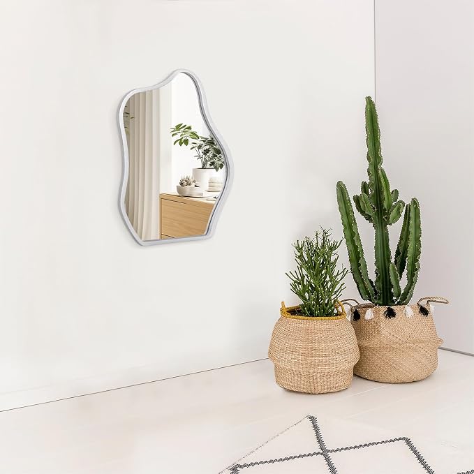 Modern Asymmetrical Mirror Unique Irregular Wooden Framed Mirror for Wall Hanging Mirror Artistic Cloud Shape Wall Mirror Decor Bathroom Bedroom Living Room Entryway Hallway Small