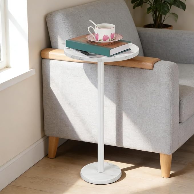 smusei Round End Table with Marble Base Drink Tables for Small Spaces Pedestal Table Small Round Side Table for Sofa Couch Chair Patio, White