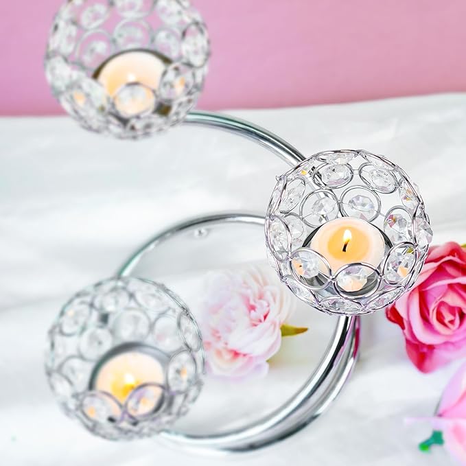 Sliver Metal Crystal Candle Holder - Modern 3-Arm Tea Light Centerpiece with Sparkling Crystal Bowl, Elegant Table Decor for Weddings, Anniversaries, Dining & Parties