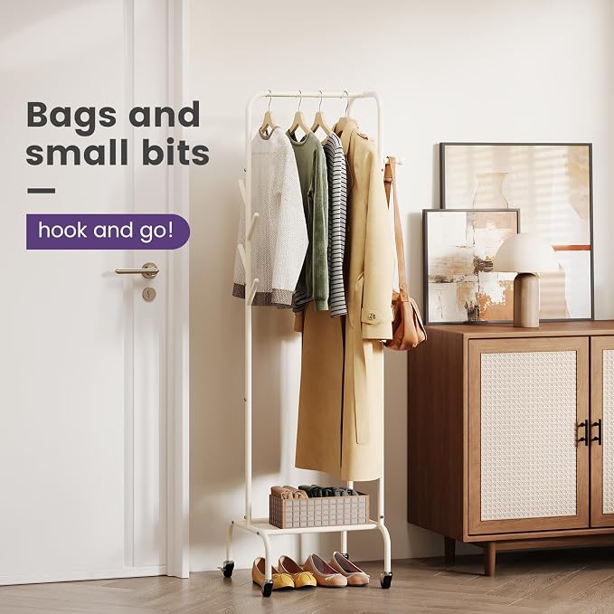 Modern Bamboo Coat Rack, Freestanding with 2 Shelves, 5 Hooks, Rotating Design, Heavy Duty Stand for Entryway, Living Room, 72x24x24 Inches (White)